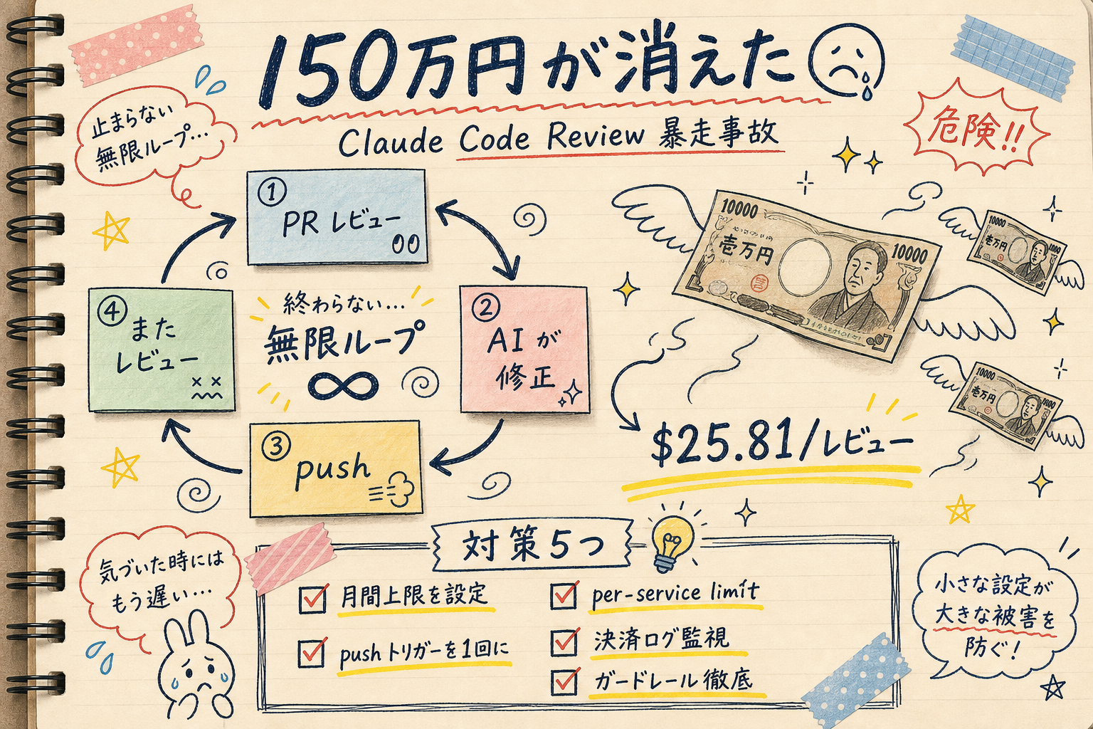 Claude Code Review と AI エージェントが無限ループを作り150万円のコストが発生した構造を示す手書きノート風のインフォグラフィック