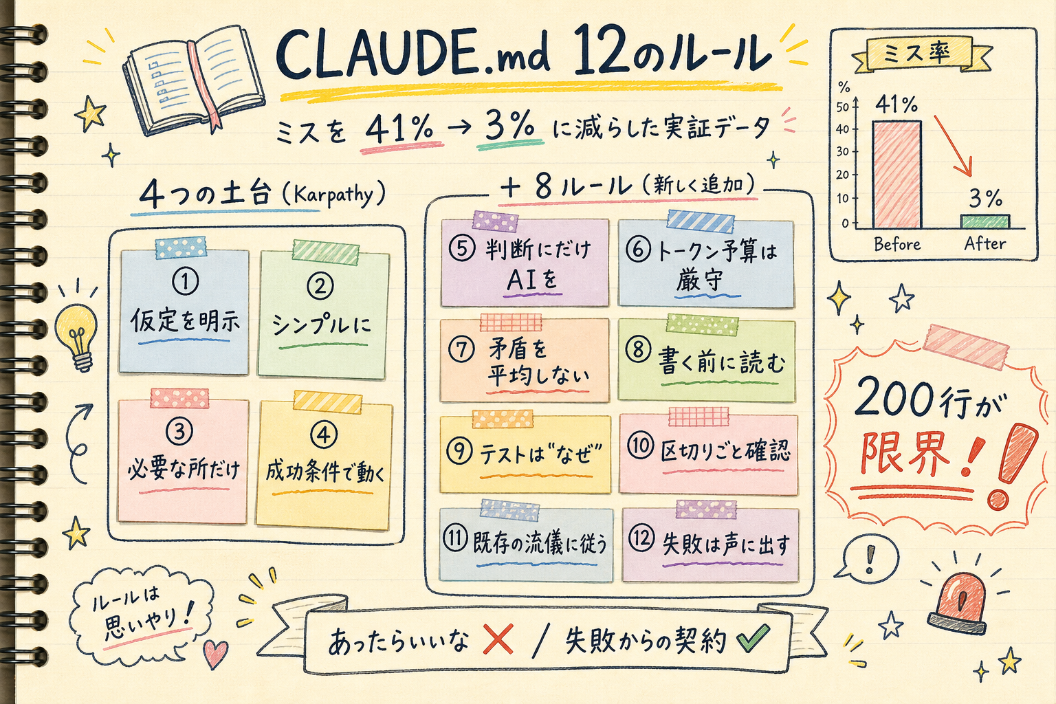 Karpathy の 4 ルールに 8 ルールを追加して 12 ルールにする CLAUDE.md 設計の手書きノート風インフォグラフィック